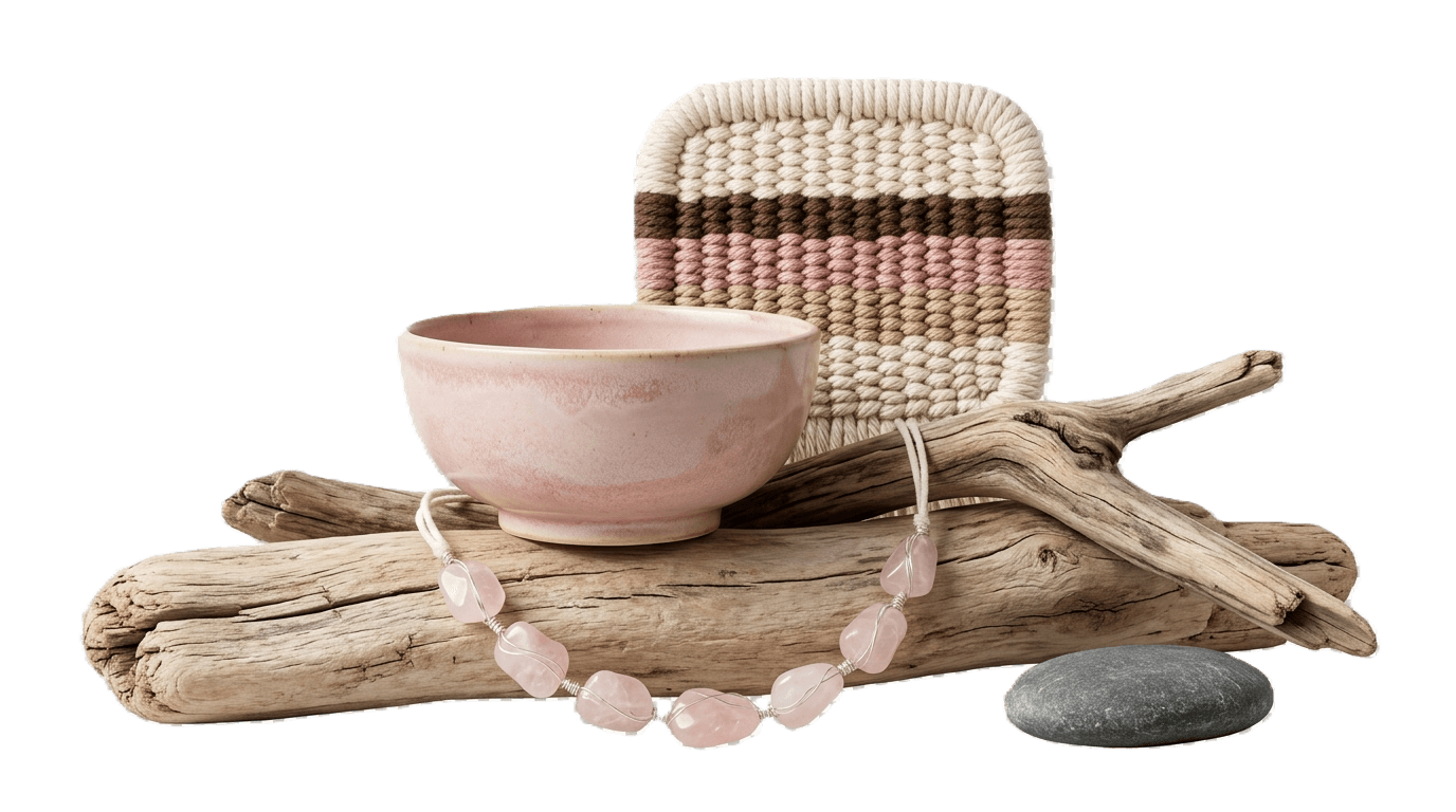 A curated arrangement of handmade pieces — a rose-glazed ceramic bowl, woven wall textile, rose-quartz necklace and driftwood